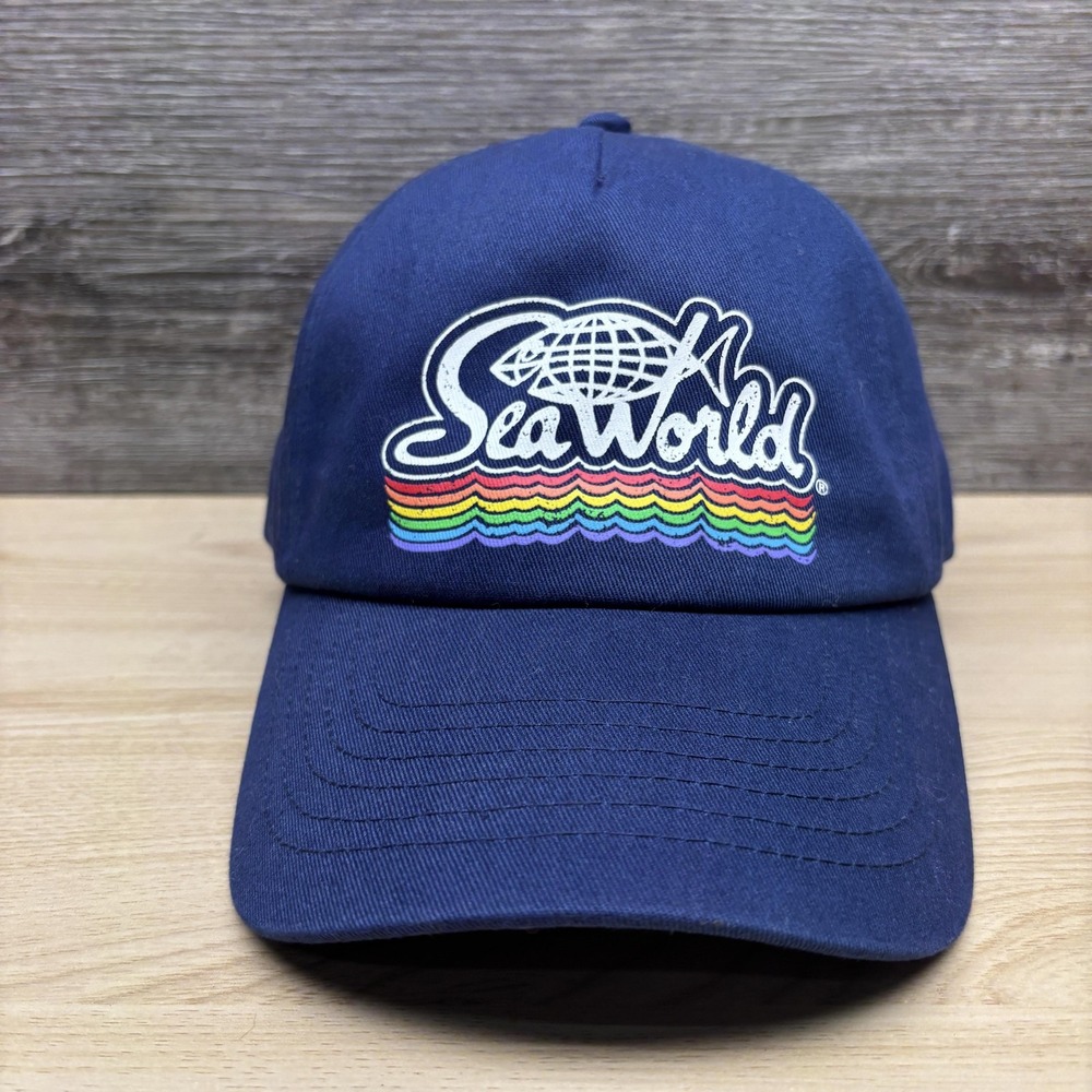 SeaWorld Hat Cap Baseball Strap Back Navy Blue Rainbow Logo Theme Park Mens